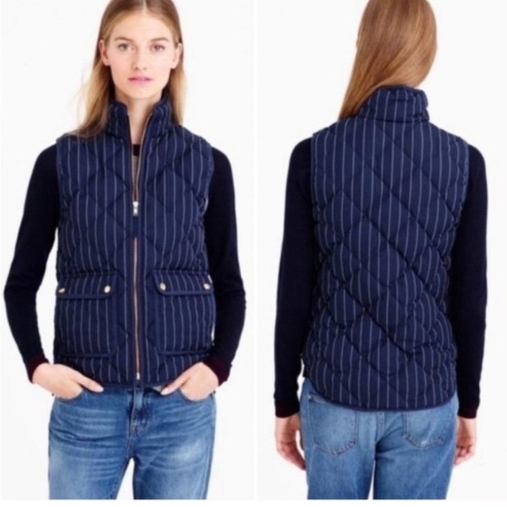 J. Crew Excursion Quilted Puffer Vest Navy Blue Pin Stripe Down size XL